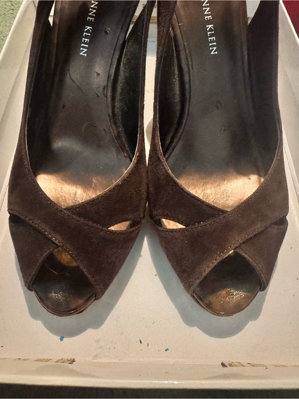 Anne Klein Brown Suede Peep-Toe Slingback Heels